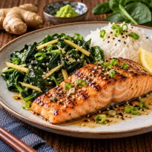 Sappige gegrilde zalmfilet met een goudbruin korstje, geserveerd met pittige wasabi-spinazie, verse gember en witte rijst op een rustiek keramisch bord.