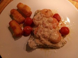 Kabeljauw, gamba’s met mosterdsaus