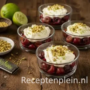 Kersen in Port met Limoenmascarpone in glazen dessertcoupes met pistachenoten