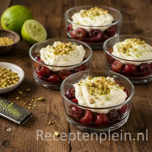Kersen in Port met Limoenmascarpone in glazen dessertcoupes met pistachenoten