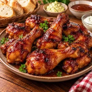 Goudbruin gegrilde kipdrumsticks met een glanzende, gekarameliseerde marinade van cola, ketchup, knoflook en tabasco, geserveerd met stokbrood, kruidenboter en dipsausjes op een rustieke houten tafel.