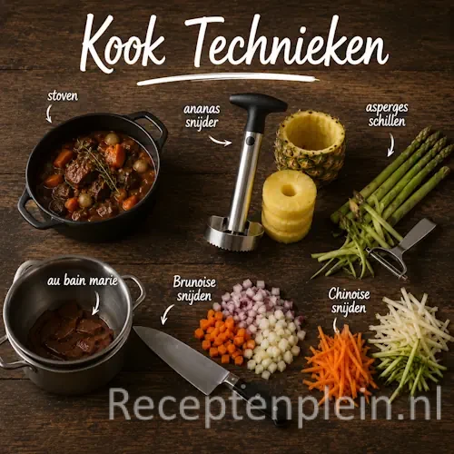 Kooktechnieken met pannen, ingrediënten en verschillende bereidingswijzen in de keuken