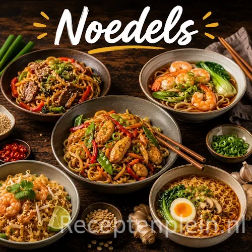 Noedels met groenten, kruiden en Aziatische ingrediënten op een rustieke houten tafel