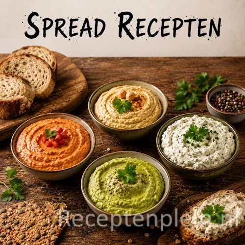 Assorted homemade spreads served in ceramic bowls with fresh herbs, bread and crackers on a rustic wooden table.